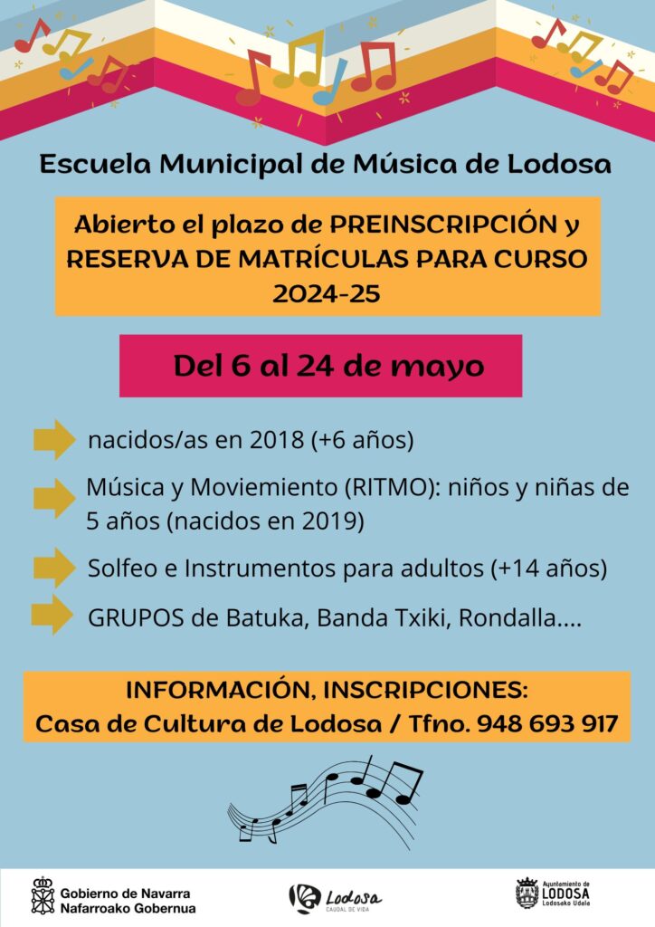 Escuela Municipal de Música de Lodosa
Abierto el plazo de PREINSCRIPCIÓN y RESERVA DE MATRÍCULAS PARA CURSO