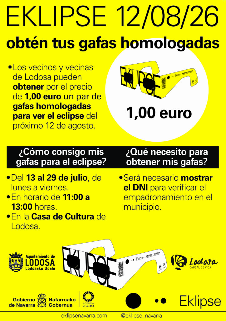 Los vecinos y vecinas de Lodosa pueden obtener por el precio de 1,00 euro un par de gafas homologadas para ver el eclipse del próximo 12 de agosto por 1,00 euro.
